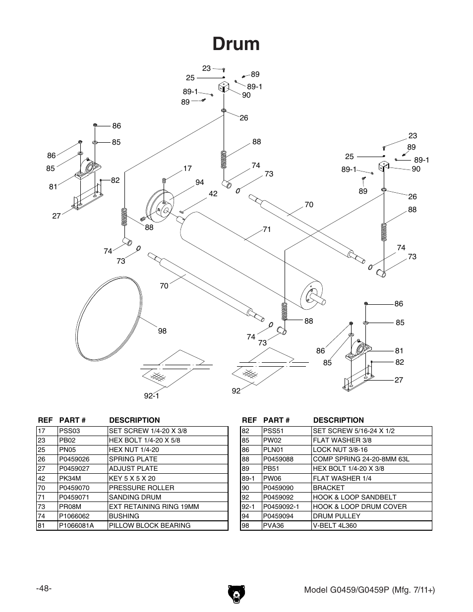 Drum | Grizzly 12" Drum Sander G0459 User Manual | Page 50 / 56