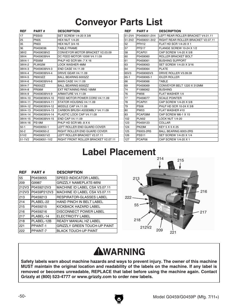 Label placement, Conveyor parts list | Grizzly 12" Drum Sander G0459 User Manual | Page 52 / 56