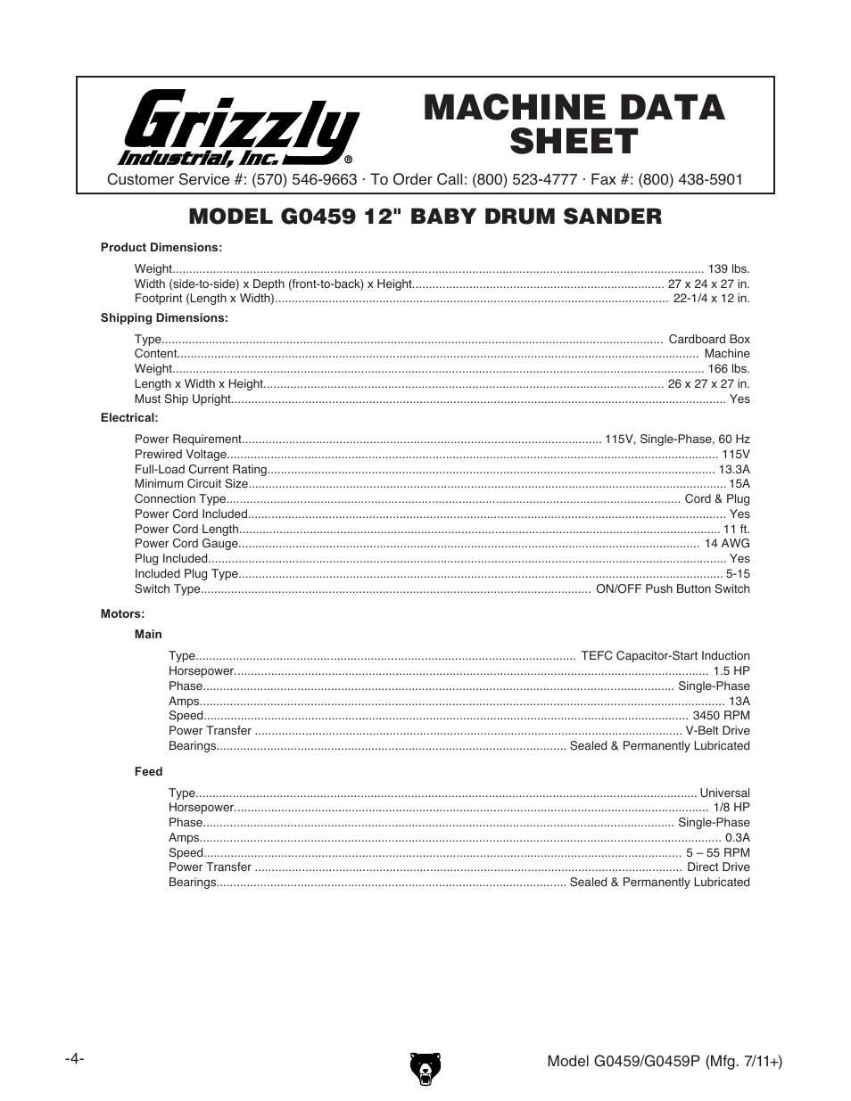 Machine data sheet | Grizzly 12" Drum Sander G0459 User Manual | Page 6 / 56