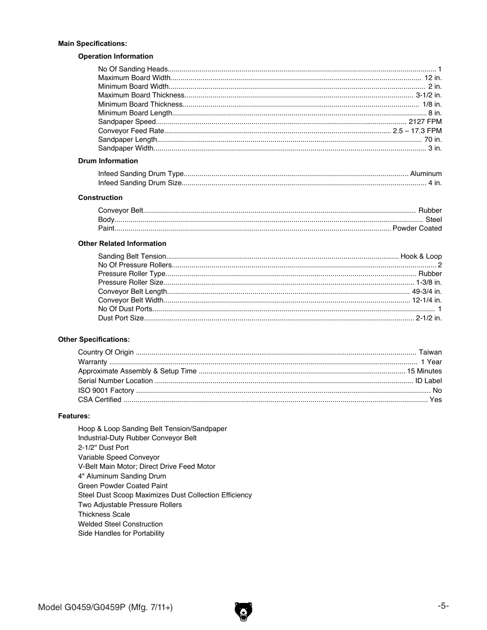 Grizzly 12" Drum Sander G0459 User Manual | Page 7 / 56