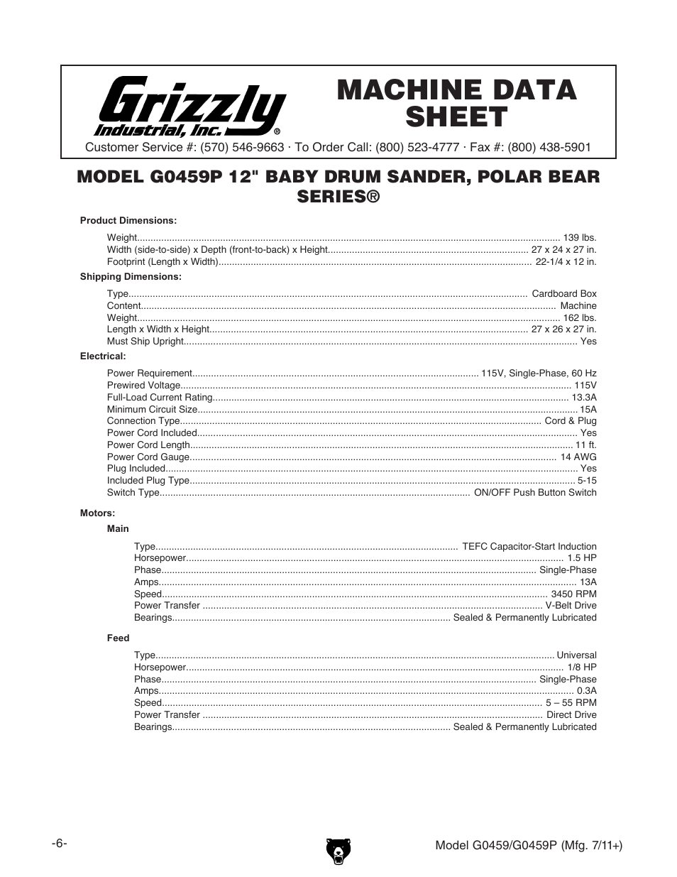 Machine data sheet | Grizzly 12" Drum Sander G0459 User Manual | Page 8 / 56