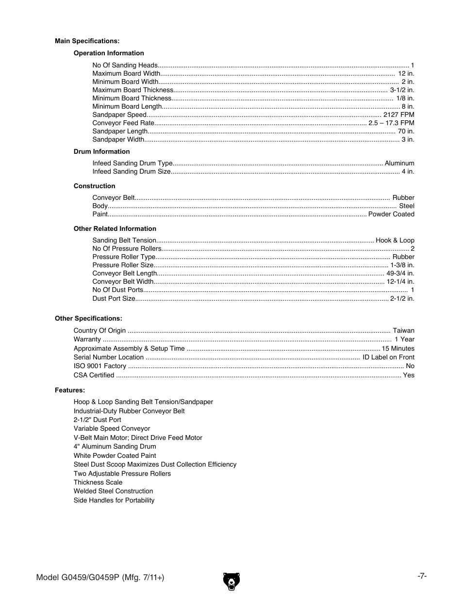 Grizzly 12" Drum Sander G0459 User Manual | Page 9 / 56