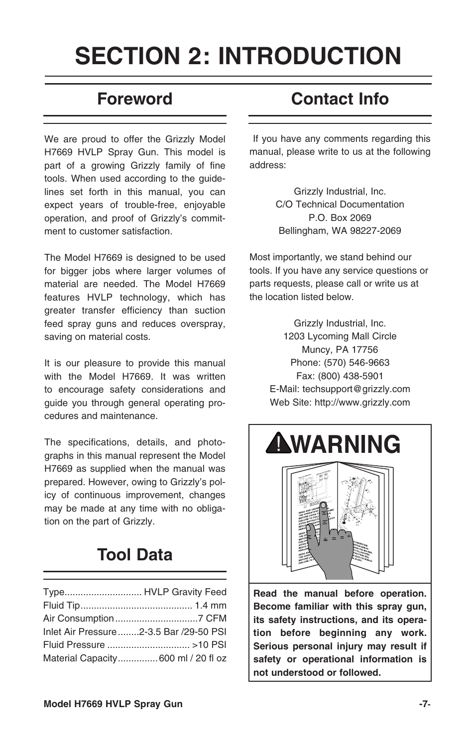 Foreword contact info tool data | Grizzly H7669 User Manual | Page 7 / 20