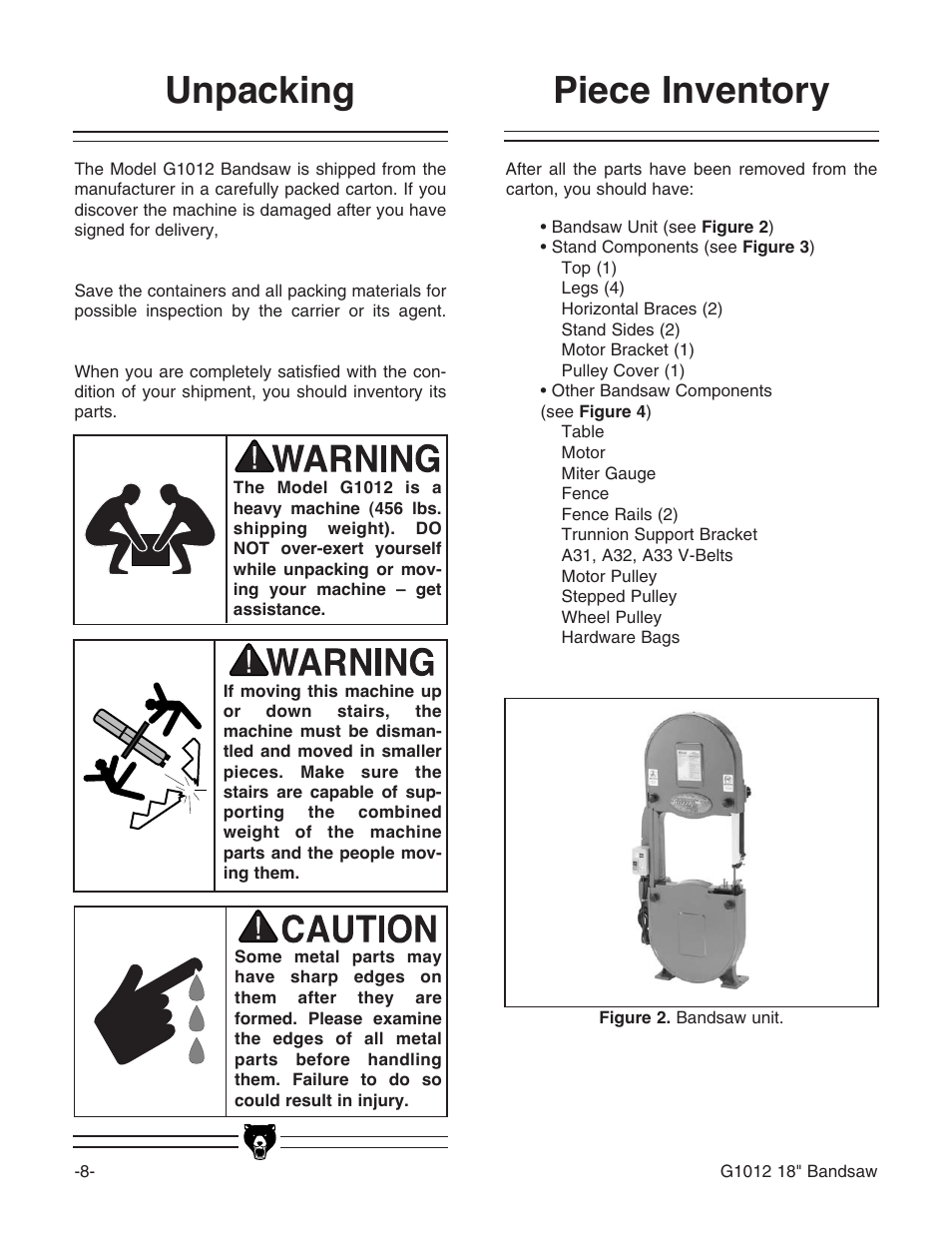 Piece inventory, Unpacking | Grizzly G1012 User Manual | Page 10 / 52