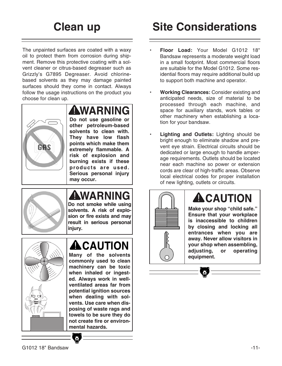 Clean up site considerations | Grizzly G1012 User Manual | Page 13 / 52