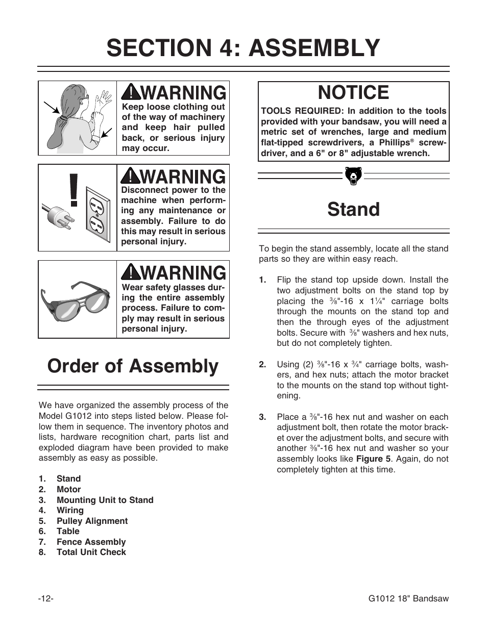 Order of assembly notice, Stand | Grizzly G1012 User Manual | Page 14 / 52