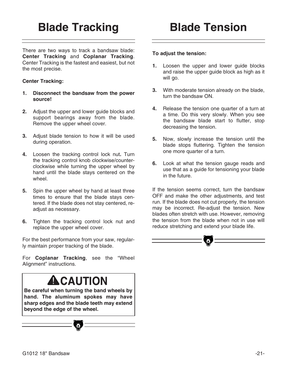 Blade tension, Blade tracking | Grizzly G1012 User Manual | Page 23 / 52
