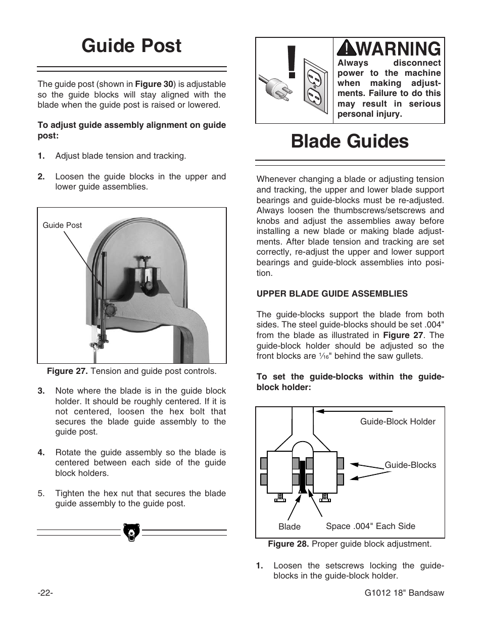 Blade guides, Guide post | Grizzly G1012 User Manual | Page 24 / 52