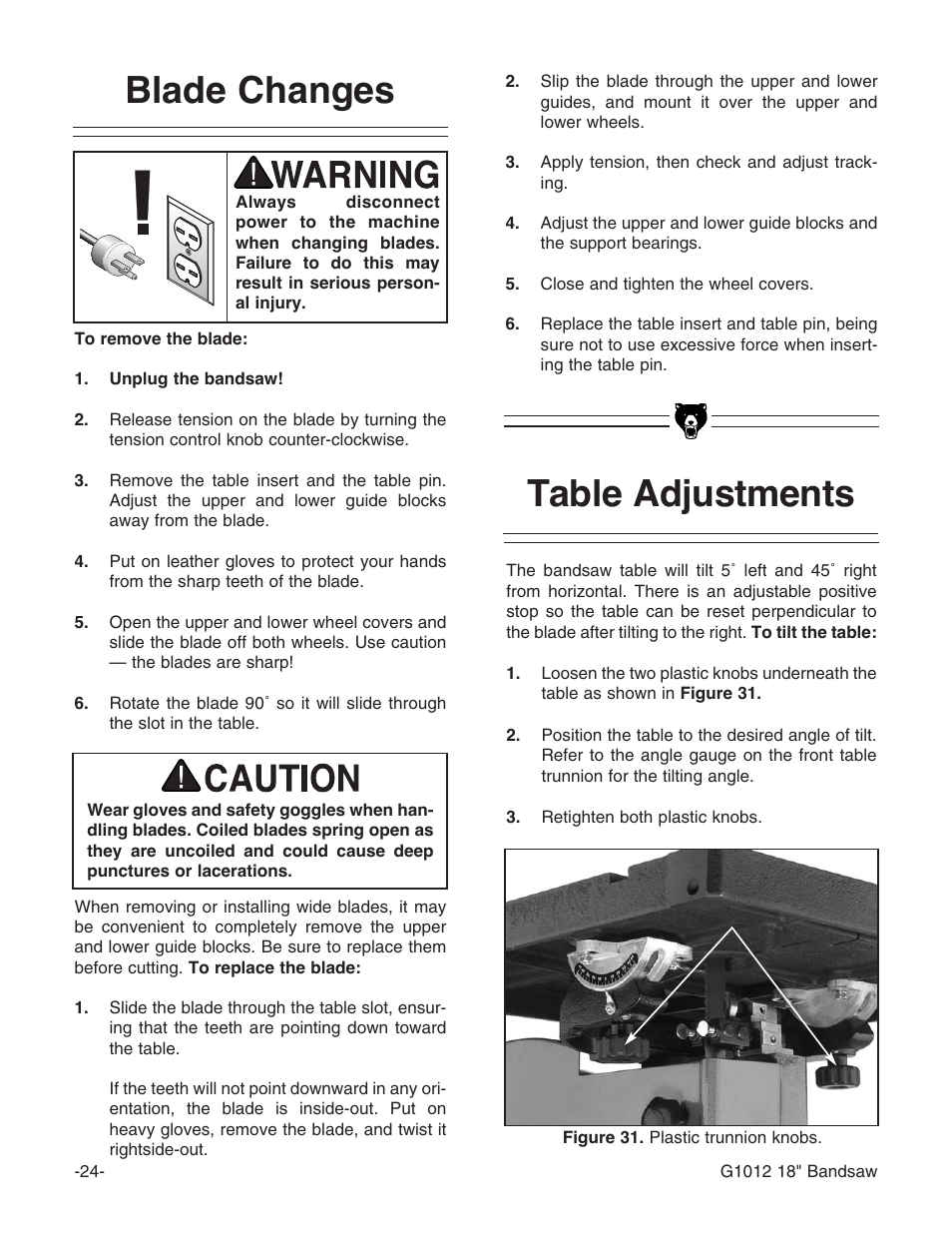 Table adjustments, Blade changes | Grizzly G1012 User Manual | Page 26 / 52