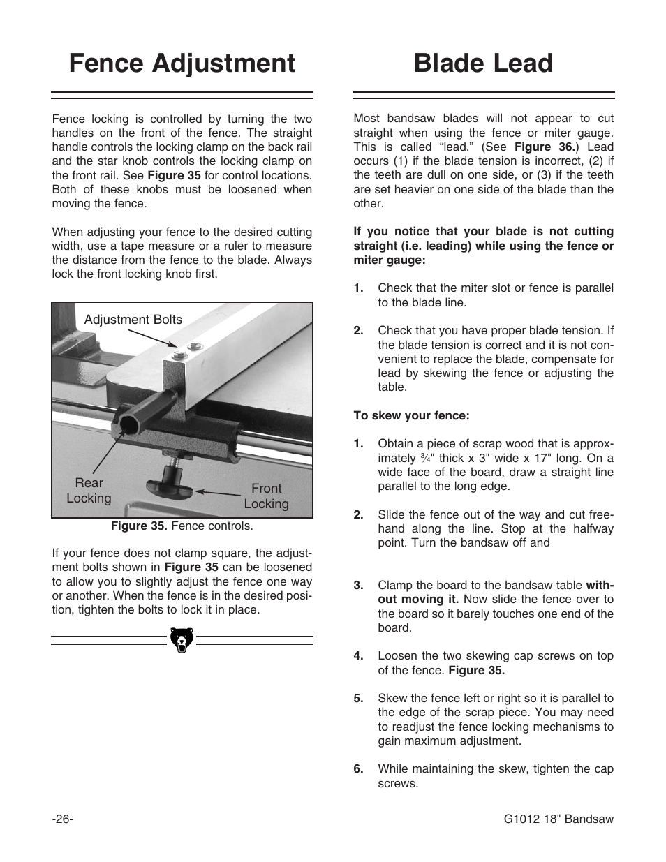 Fence adjustment, Blade lead | Grizzly G1012 User Manual | Page 28 / 52