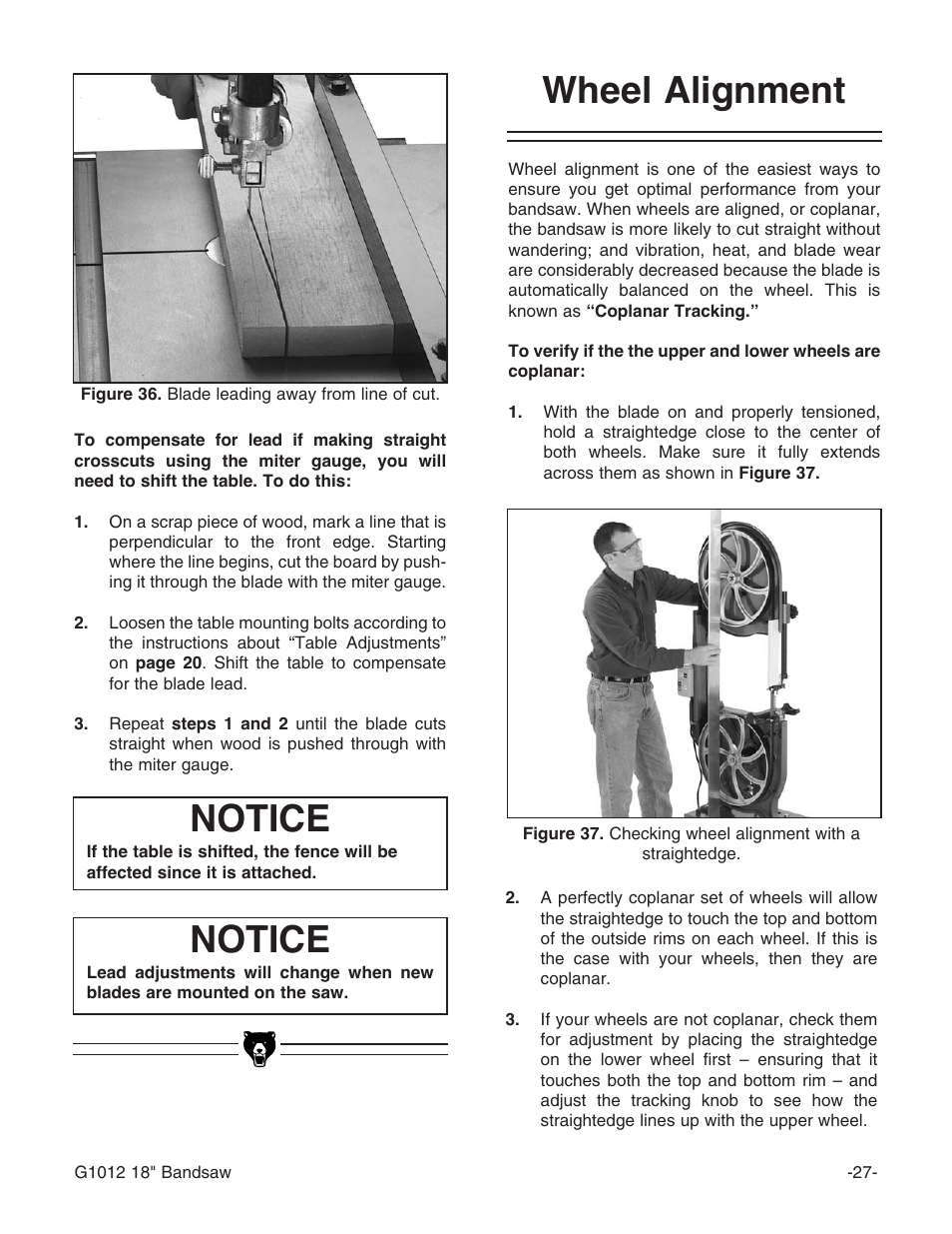 Notice, Wheel alignment | Grizzly G1012 User Manual | Page 29 / 52