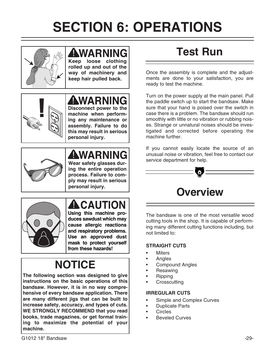 Test run, Overview, Notice | Grizzly G1012 User Manual | Page 31 / 52