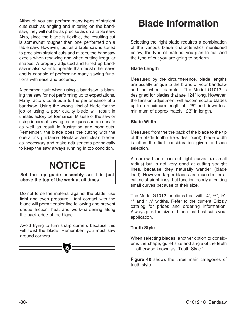 Notice, Blade information | Grizzly G1012 User Manual | Page 32 / 52