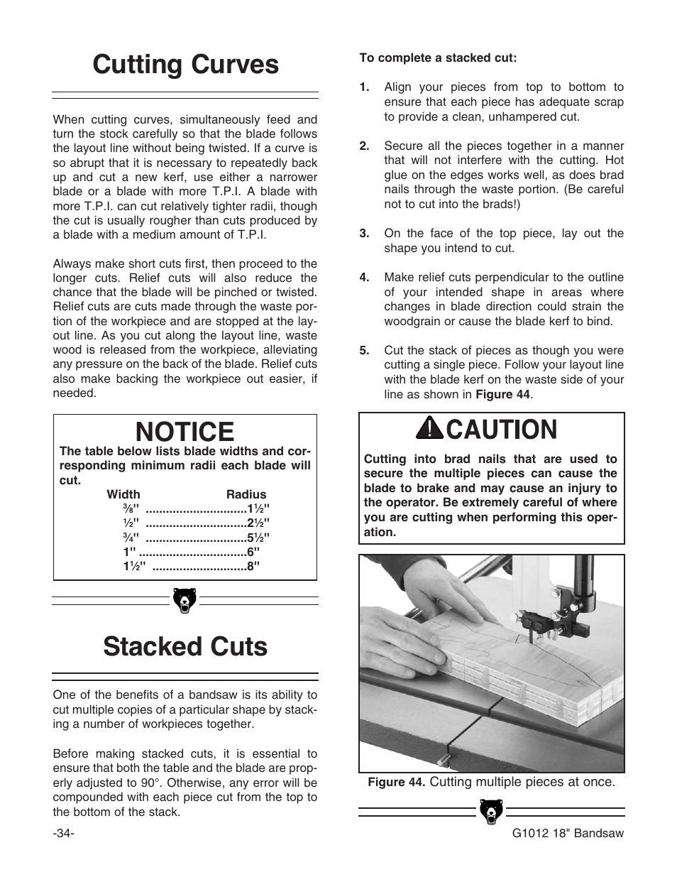 Stacked cuts, Cutting curves, Notice | Grizzly G1012 User Manual | Page 36 / 52