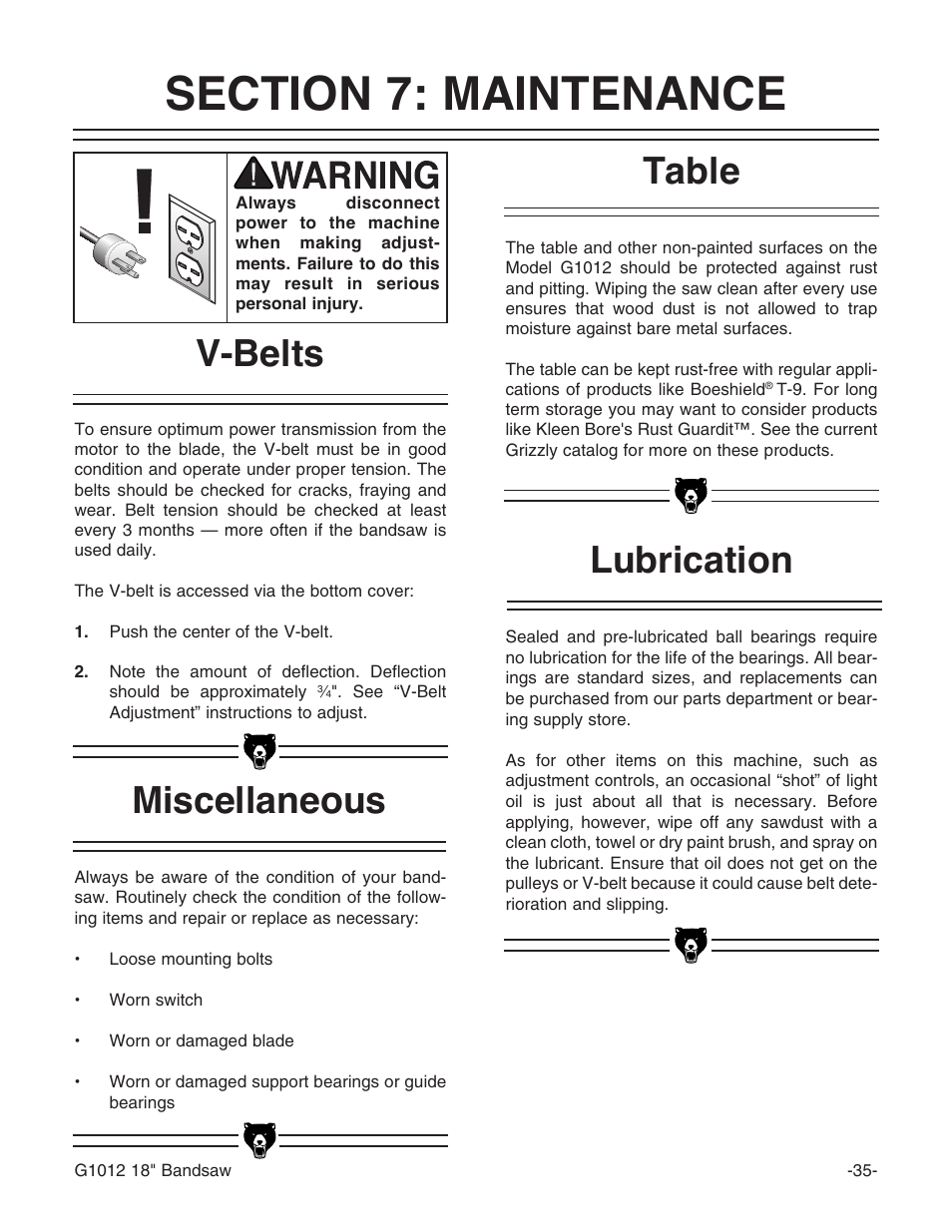 V-belts, Table, Lubrication | Miscellaneous | Grizzly G1012 User Manual | Page 37 / 52