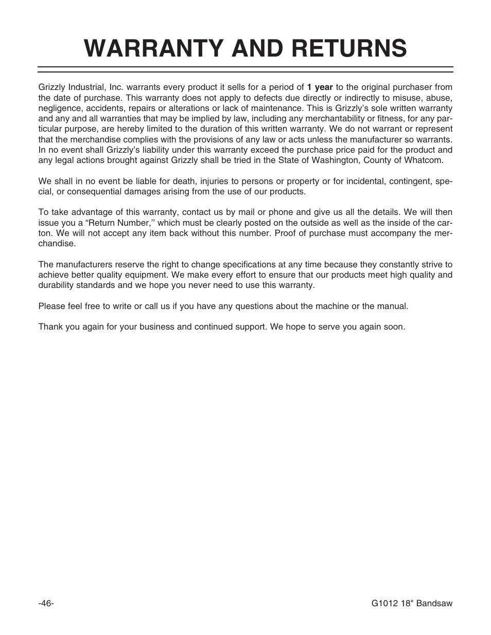 Warranty and returns | Grizzly G1012 User Manual | Page 48 / 52