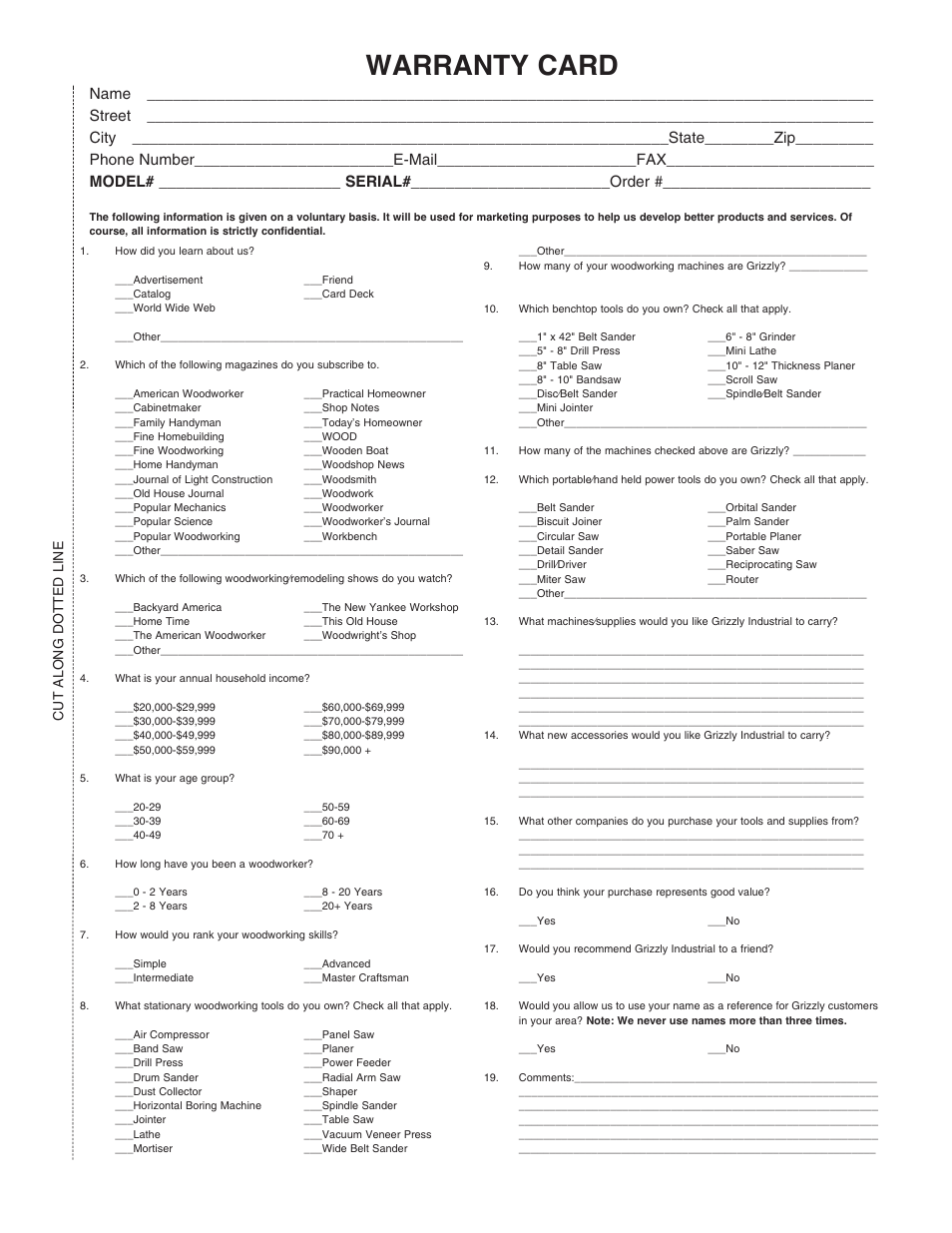 Warranty card, Cut along dotted line | Grizzly G1012 User Manual | Page 49 / 52