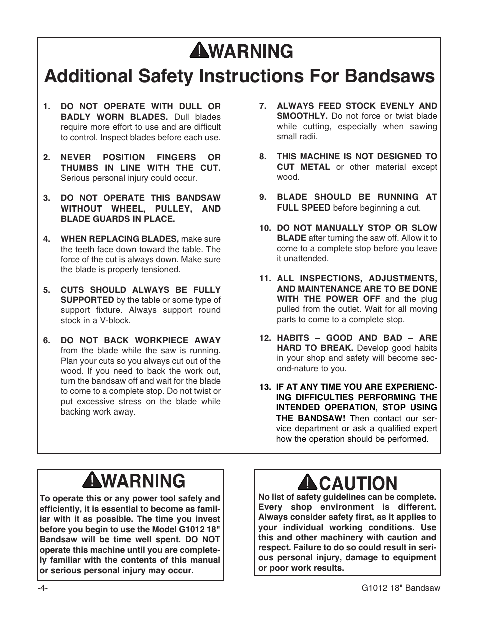 Additional safety instructions for bandsaws | Grizzly G1012 User Manual | Page 6 / 52