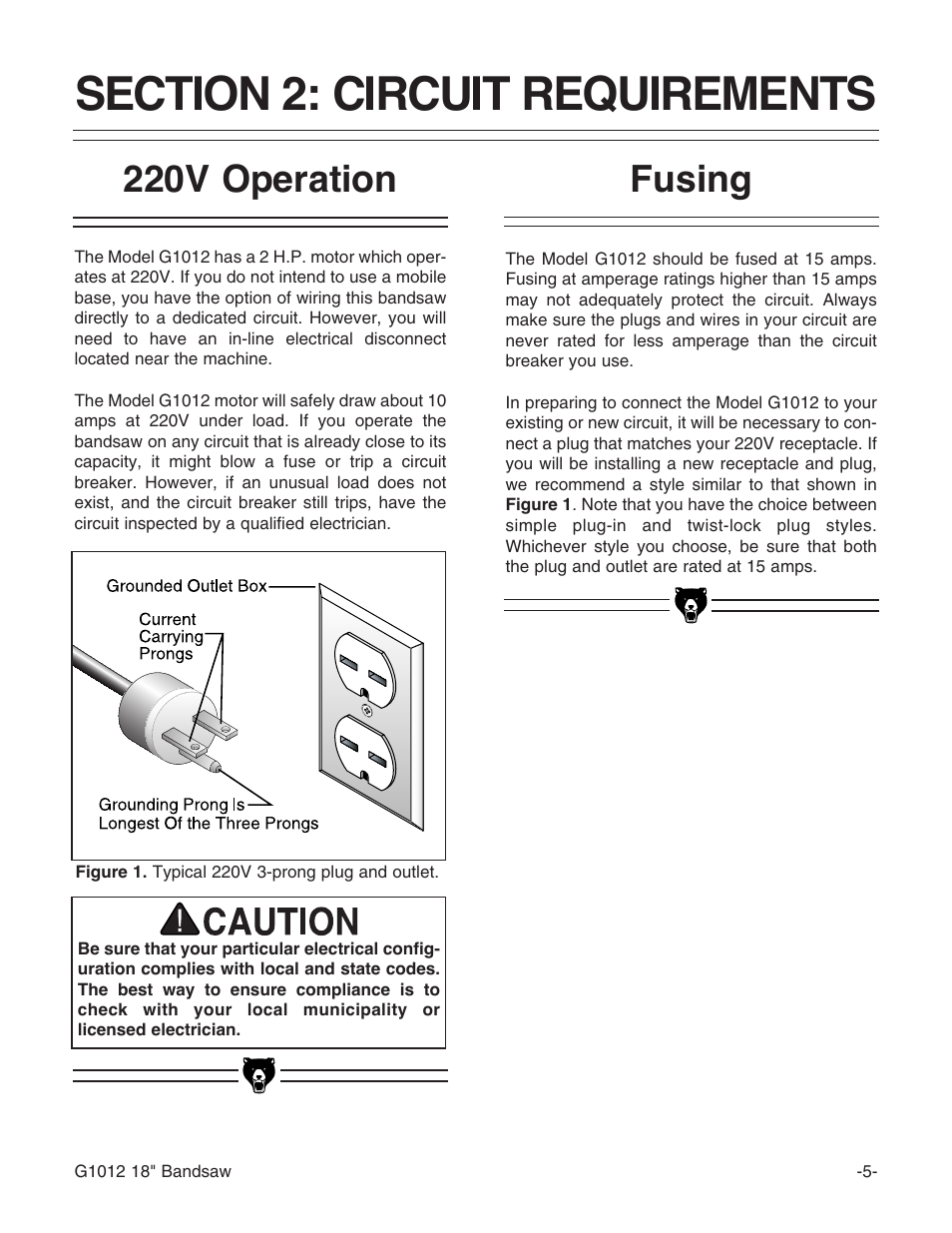220v operation, Fusing | Grizzly G1012 User Manual | Page 7 / 52