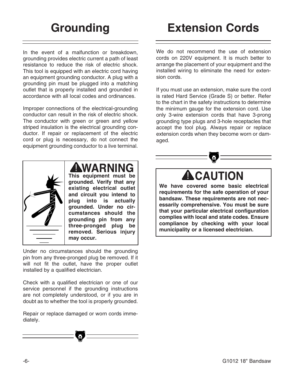 Grounding, Extension cords | Grizzly G1012 User Manual | Page 8 / 52