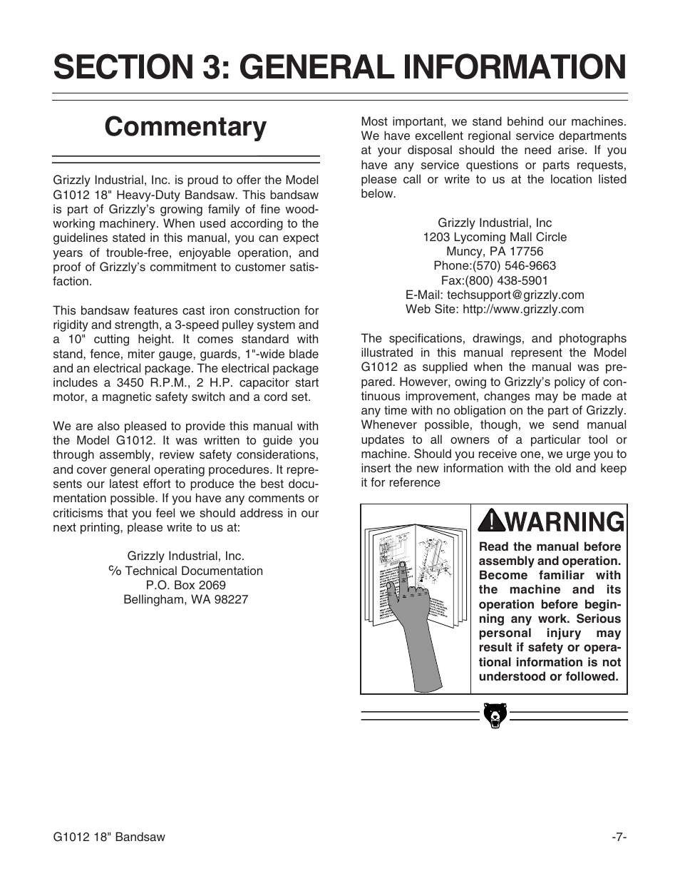 Commentary | Grizzly G1012 User Manual | Page 9 / 52