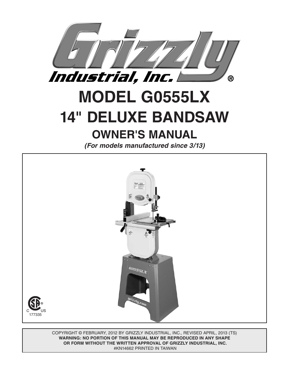 Grizzly Deluxe Bandsaw G0555LX User Manual | 68 pages