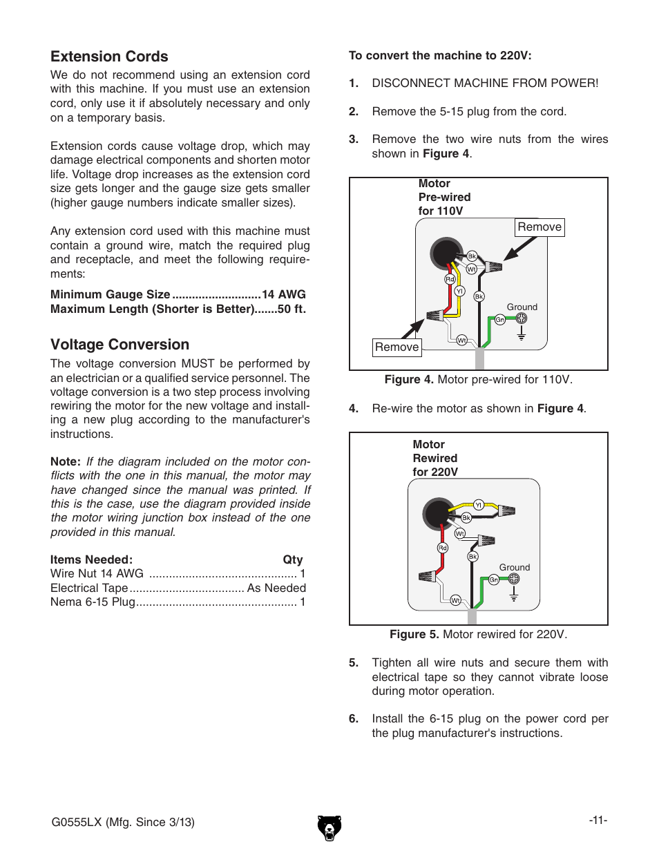 Extension cords, Voltage conversion | Grizzly Deluxe Bandsaw G0555LX User Manual | Page 13 / 68