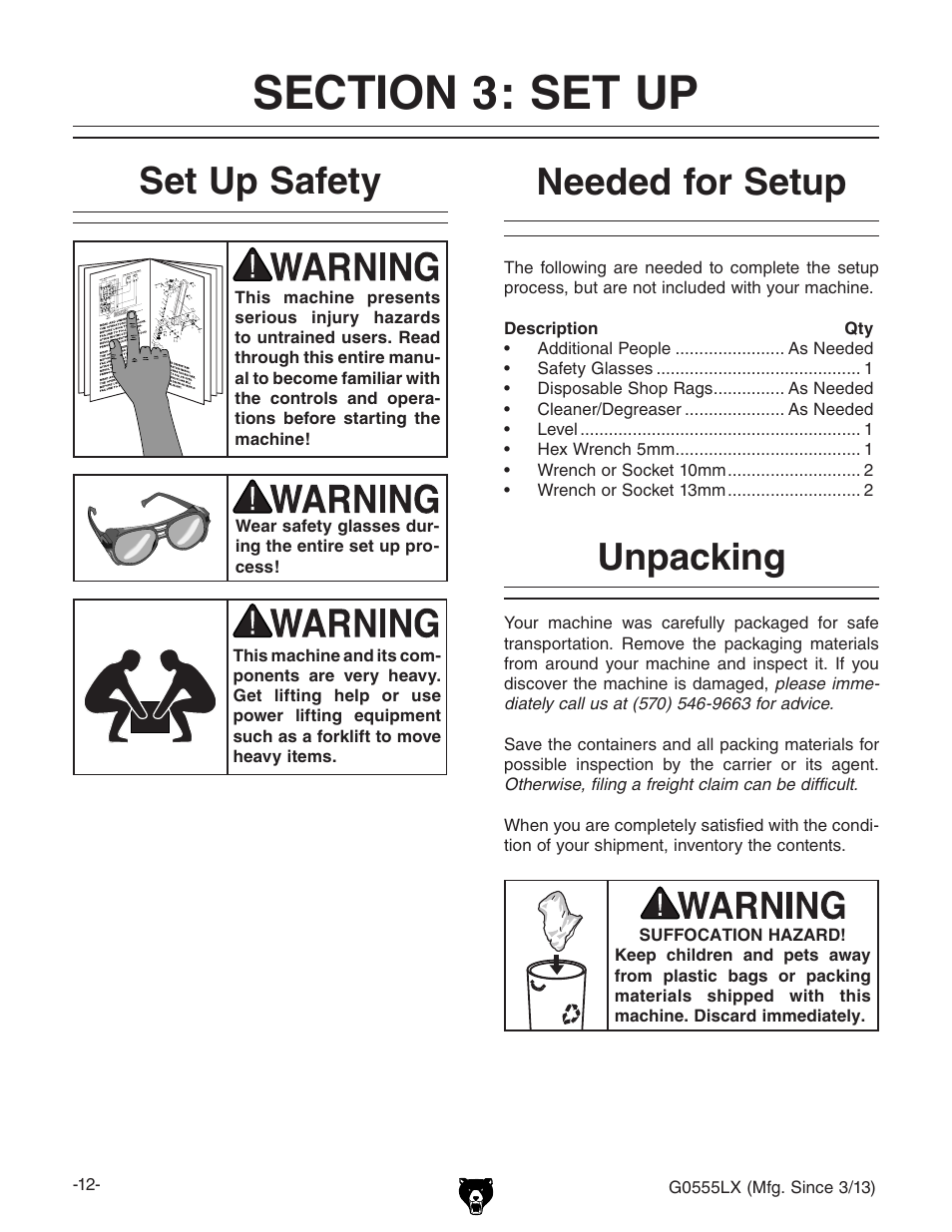 Set up safety, Needed for setup, Unpacking | Grizzly Deluxe Bandsaw G0555LX User Manual | Page 14 / 68
