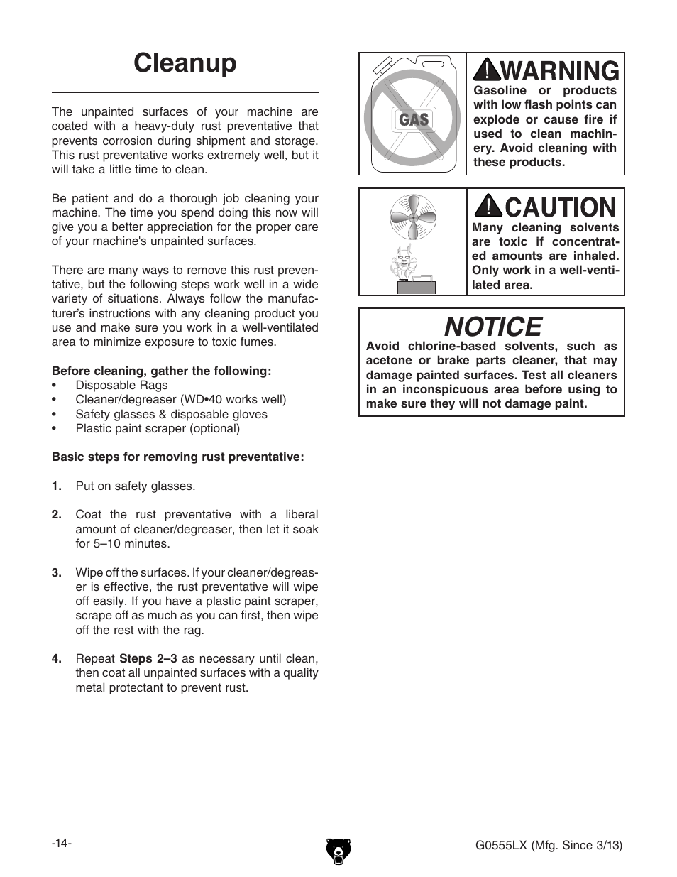 Notice, Cleanup | Grizzly Deluxe Bandsaw G0555LX User Manual | Page 16 / 68