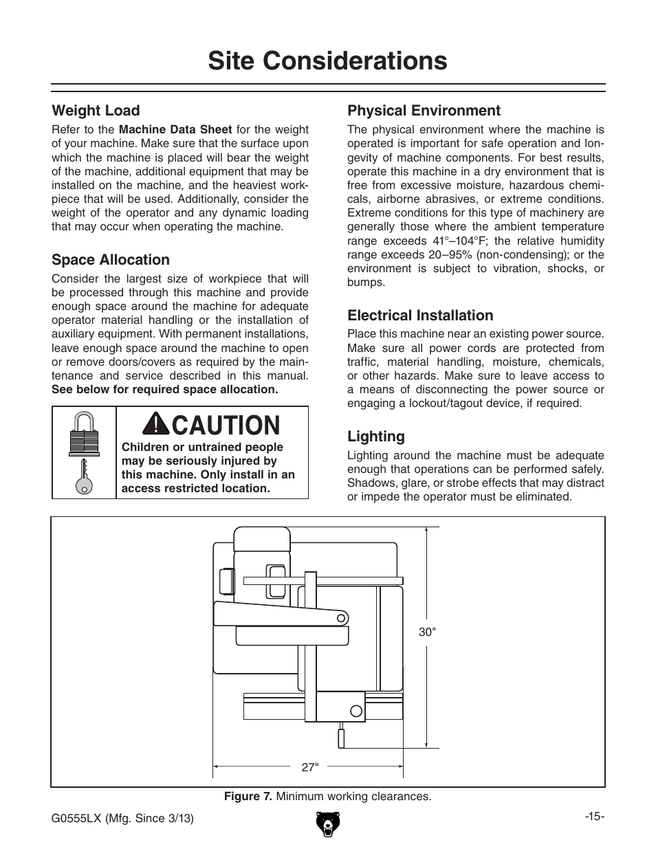 Site considerations | Grizzly Deluxe Bandsaw G0555LX User Manual | Page 17 / 68