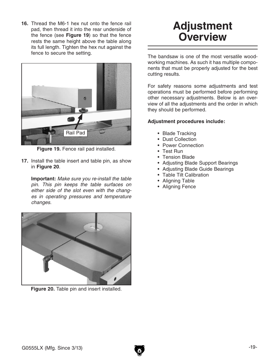 Adjustment overview | Grizzly Deluxe Bandsaw G0555LX User Manual | Page 21 / 68