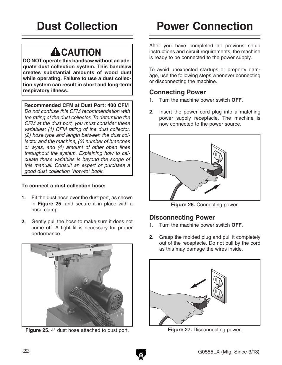 Power connection, Dust collection | Grizzly Deluxe Bandsaw G0555LX User Manual | Page 24 / 68