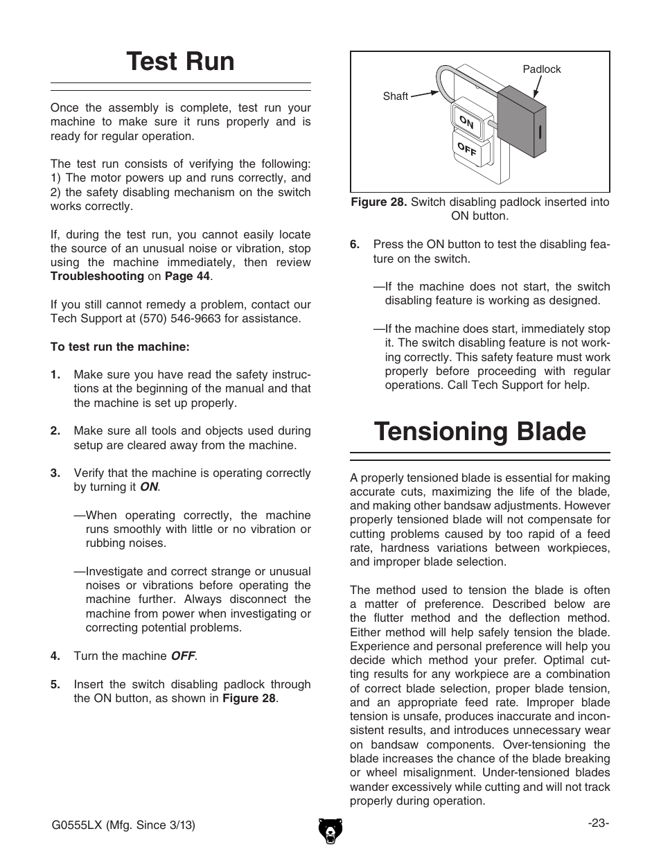 Test run, Tensioning blade | Grizzly Deluxe Bandsaw G0555LX User Manual | Page 25 / 68