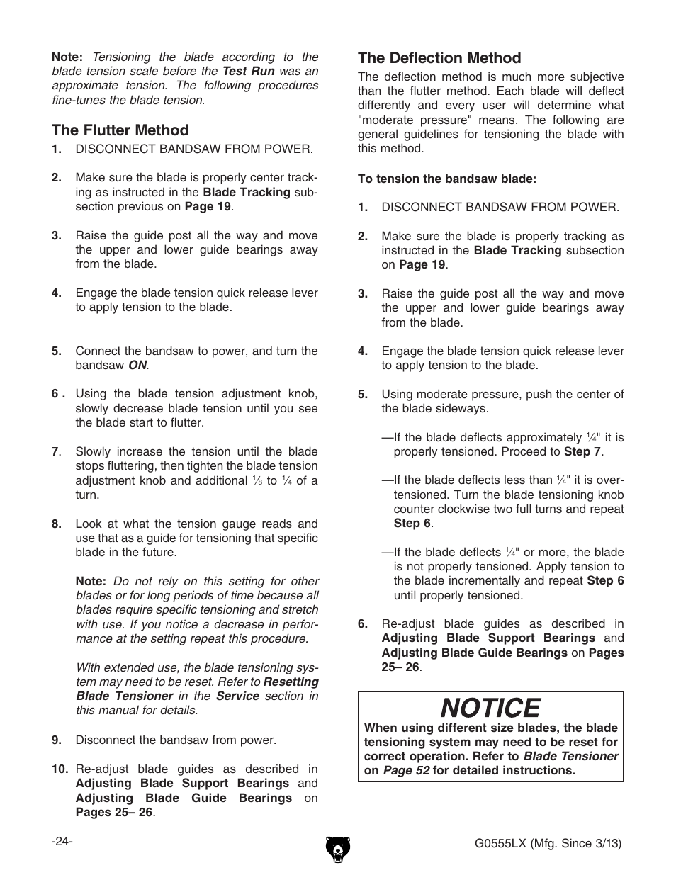 The flutter method the deflection method | Grizzly Deluxe Bandsaw G0555LX User Manual | Page 26 / 68