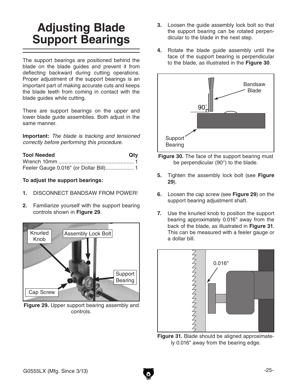 Adjusting blade support bearings | Grizzly Deluxe Bandsaw G0555LX User Manual | Page 27 / 68