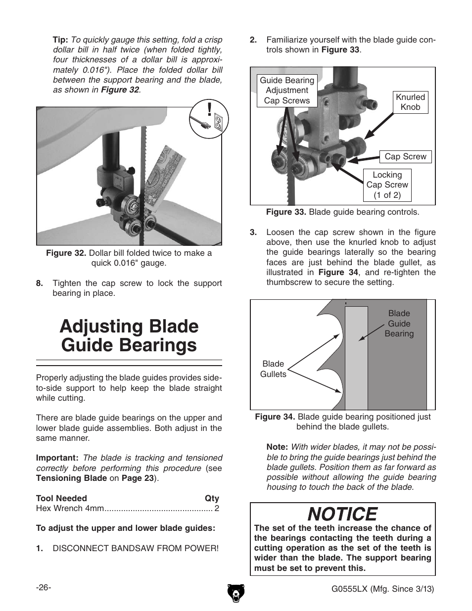 Adjusting blade guide bearings | Grizzly Deluxe Bandsaw G0555LX User Manual | Page 28 / 68