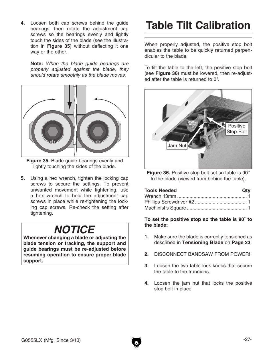 Table tilt calibration | Grizzly Deluxe Bandsaw G0555LX User Manual | Page 29 / 68