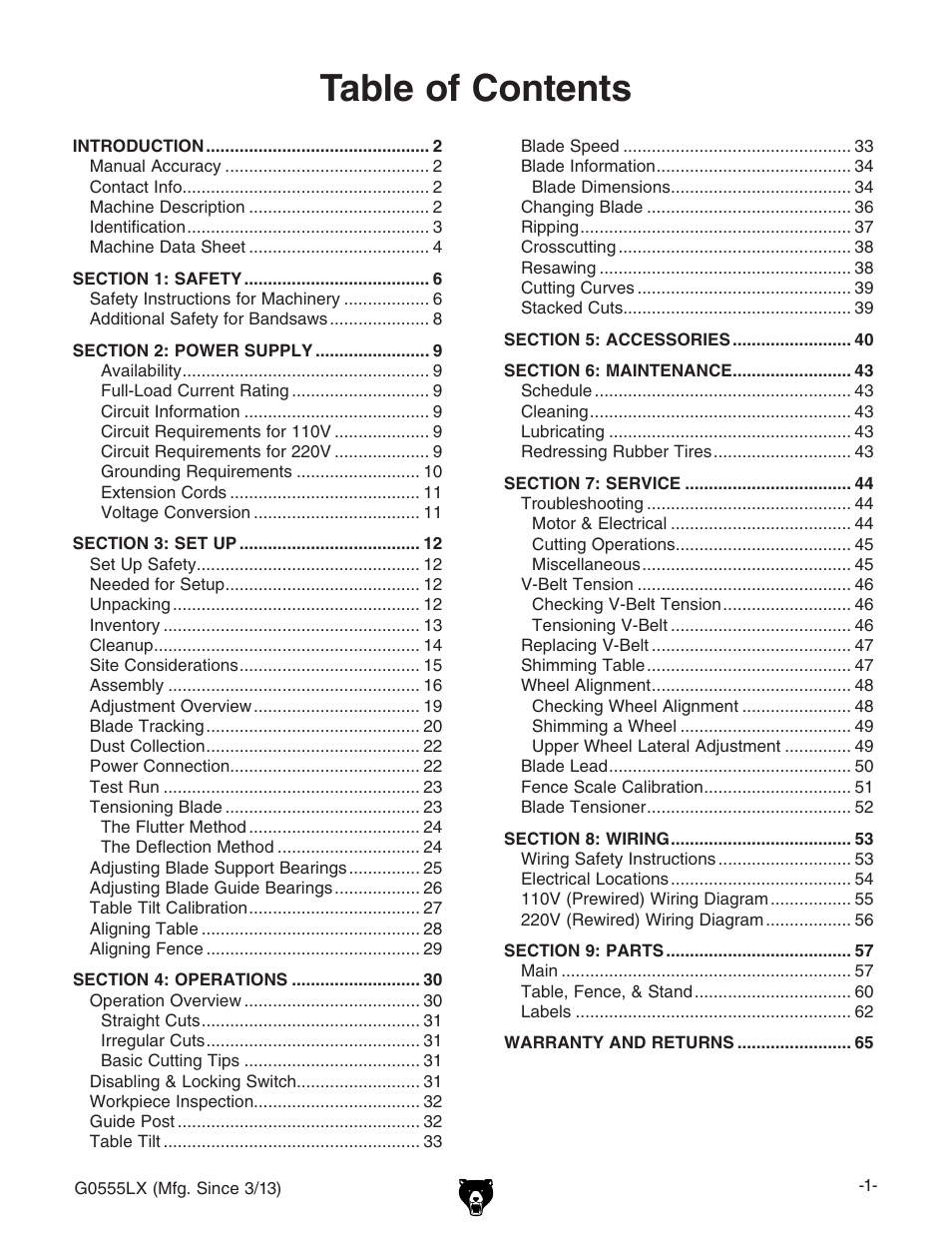 Grizzly Deluxe Bandsaw G0555LX User Manual | Page 3 / 68