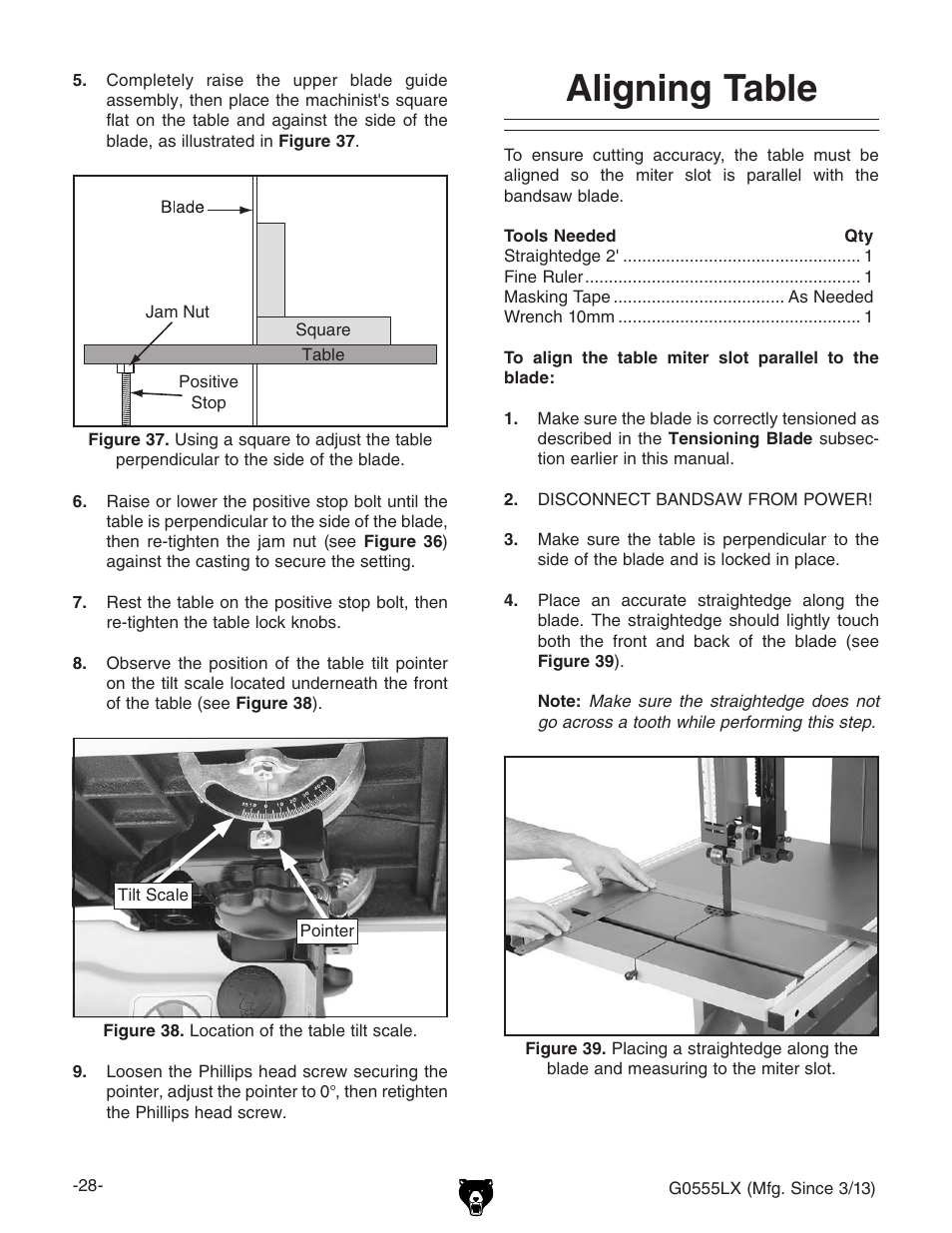 Aligning table | Grizzly Deluxe Bandsaw G0555LX User Manual | Page 30 / 68