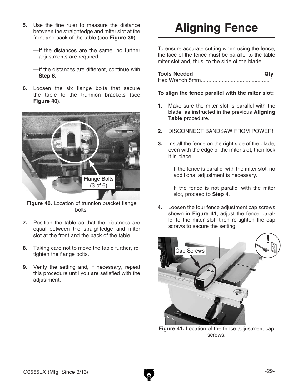 Aligning fence | Grizzly Deluxe Bandsaw G0555LX User Manual | Page 31 / 68