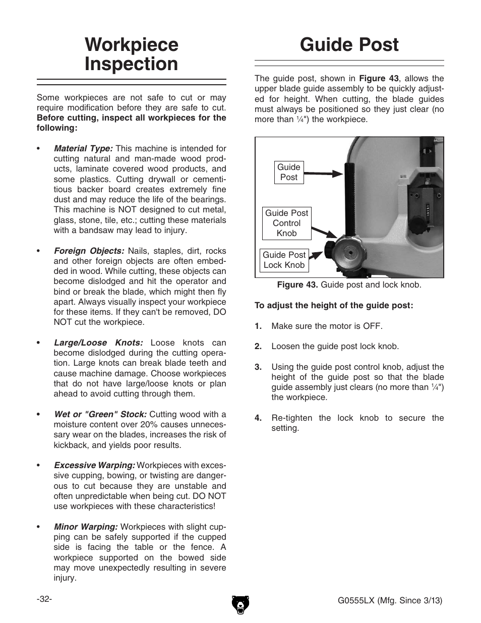 Workpiece inspection, Guide post | Grizzly Deluxe Bandsaw G0555LX User Manual | Page 34 / 68