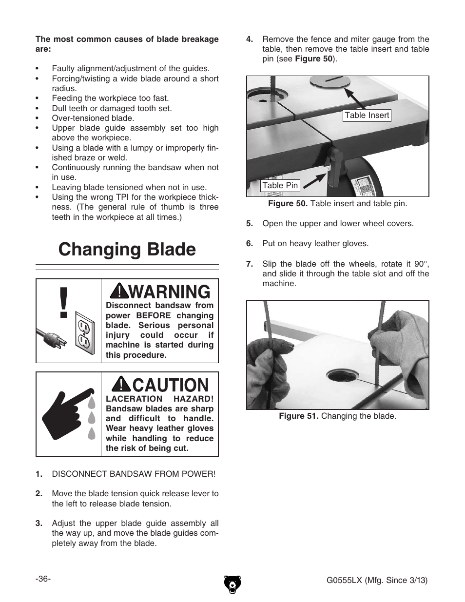 Changing blade | Grizzly Deluxe Bandsaw G0555LX User Manual | Page 38 / 68