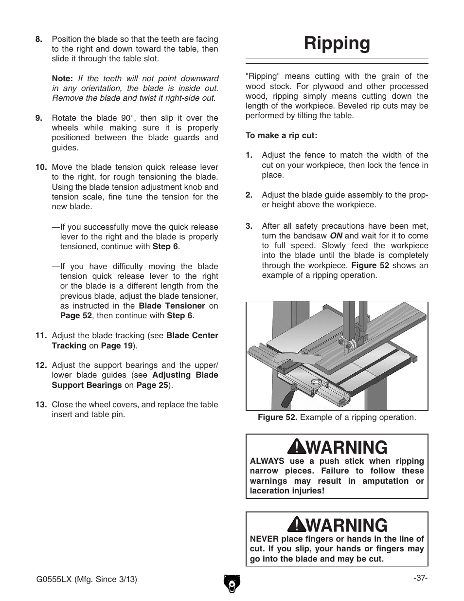 Ripping | Grizzly Deluxe Bandsaw G0555LX User Manual | Page 39 / 68