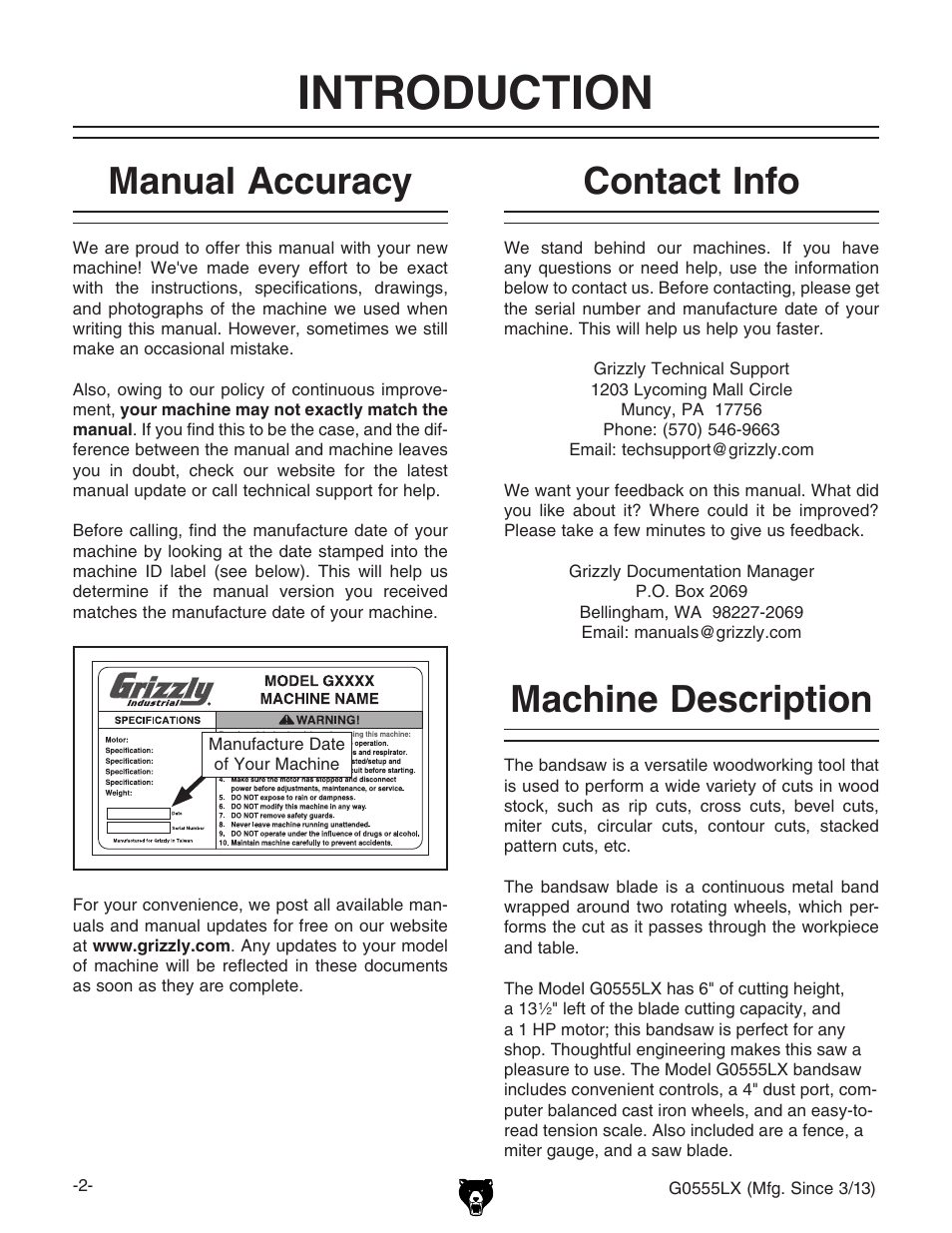 Introduction, Machine description, Contact info | Manual accuracy | Grizzly Deluxe Bandsaw G0555LX User Manual | Page 4 / 68
