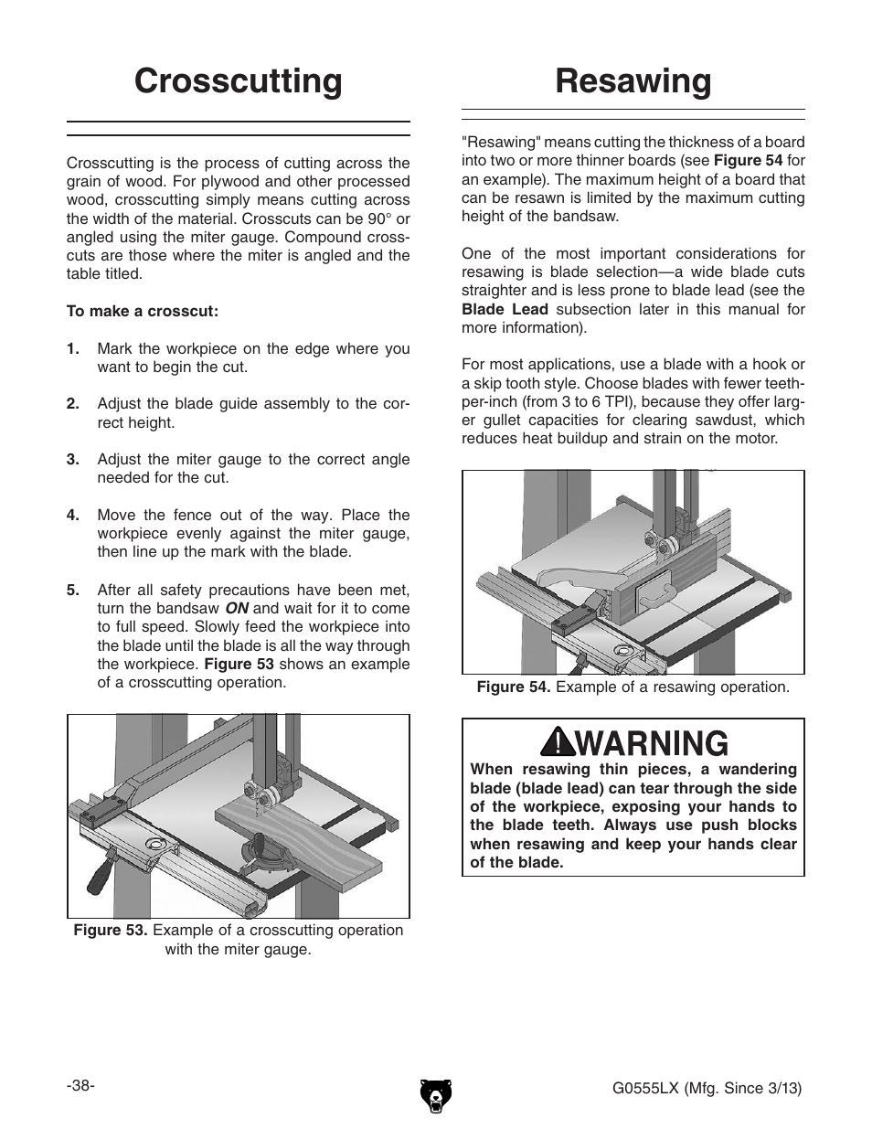 Crosscutting, Resawing | Grizzly Deluxe Bandsaw G0555LX User Manual | Page 40 / 68