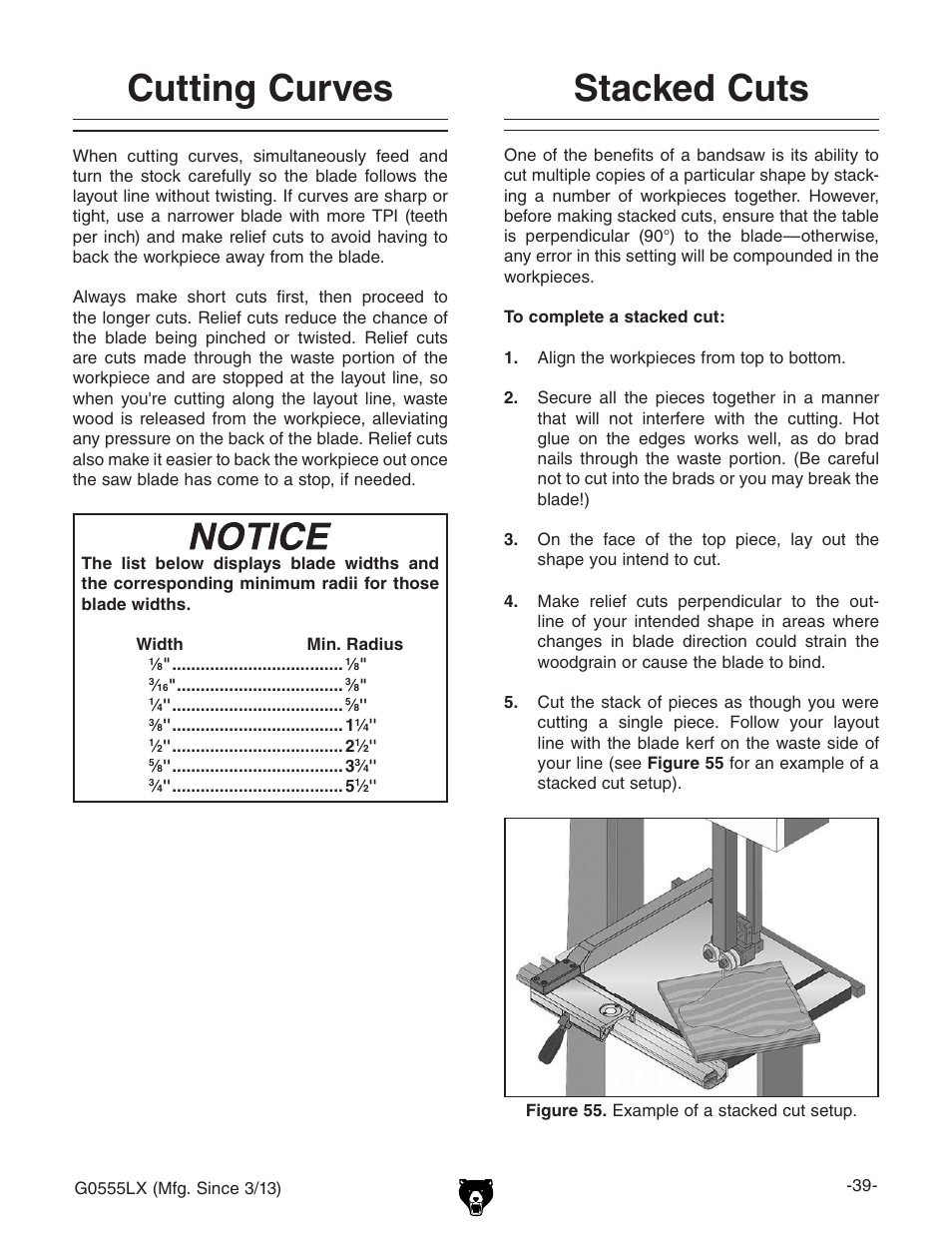Cutting curves, Stacked cuts | Grizzly Deluxe Bandsaw G0555LX User Manual | Page 41 / 68