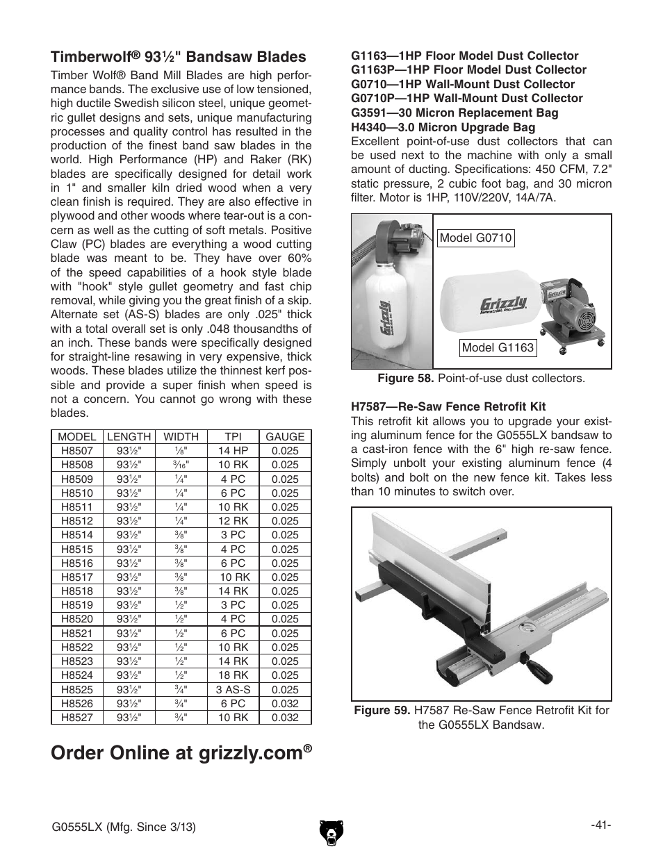 Timberwolf, Bandsaw blades | Grizzly Deluxe Bandsaw G0555LX User Manual | Page 43 / 68