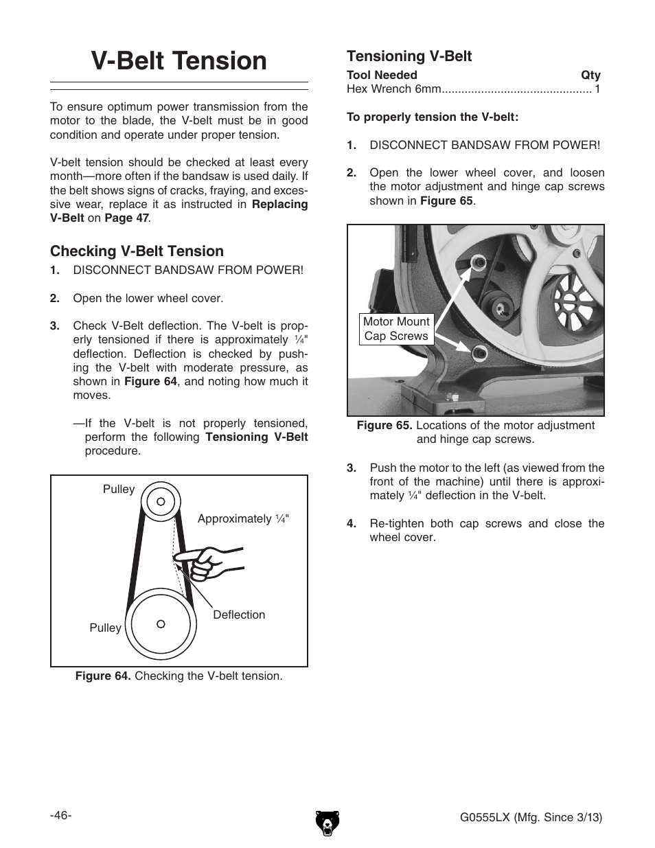 V-belt tension, Checking v-belt tension, Tensioning v-belt | Grizzly Deluxe Bandsaw G0555LX User Manual | Page 48 / 68