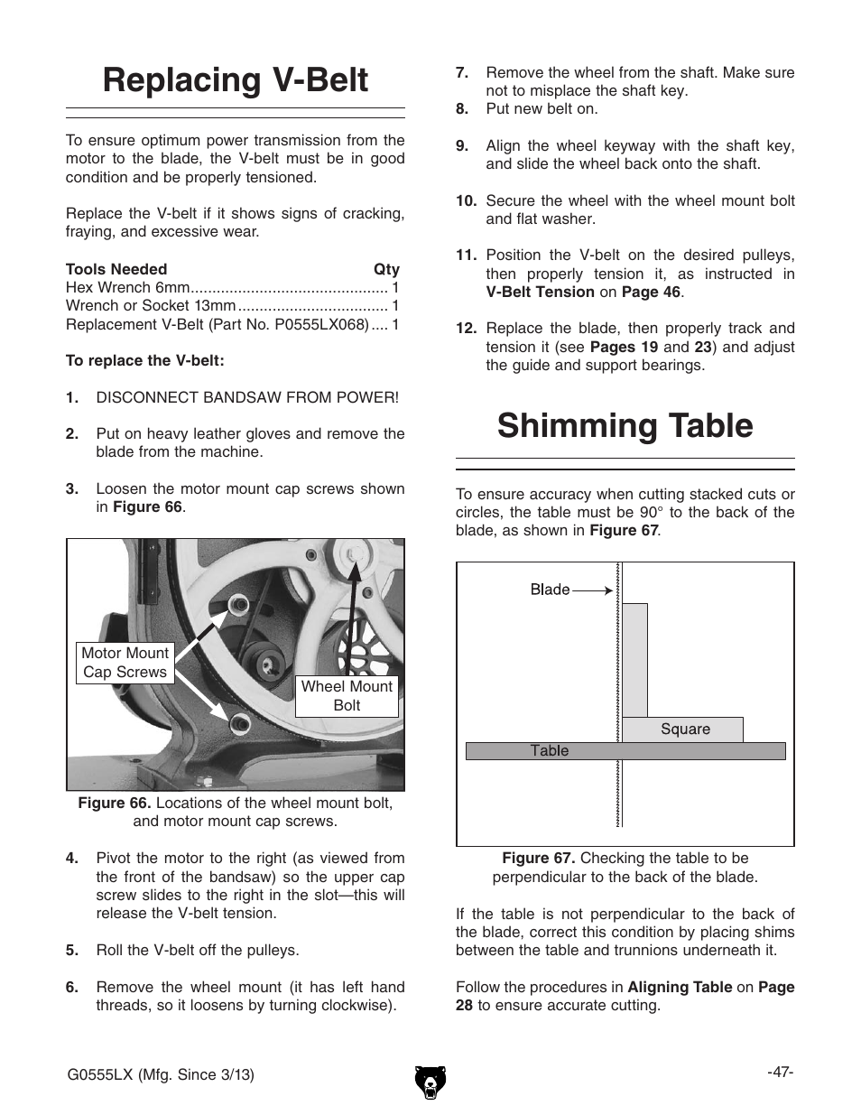 Replacing v-belt, Shimming table | Grizzly Deluxe Bandsaw G0555LX User Manual | Page 49 / 68