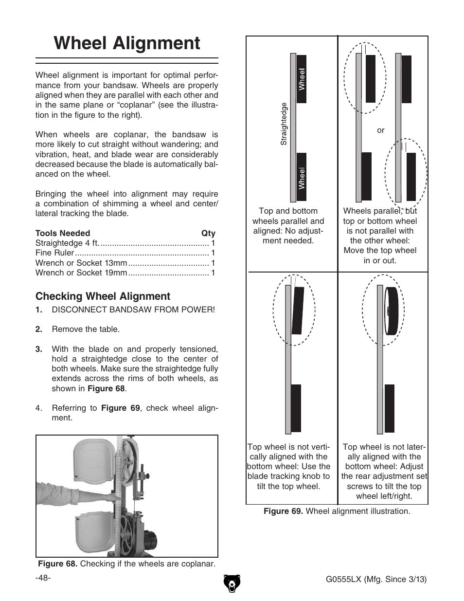 Wheel alignment | Grizzly Deluxe Bandsaw G0555LX User Manual | Page 50 / 68